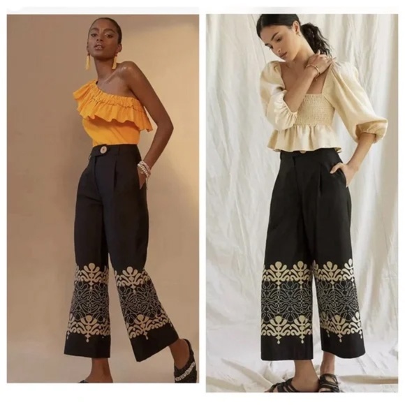 Exquise by Anthropologie Womens Abstract Embroidered Wide Leg Pants in Black S - Picture 1 of 12